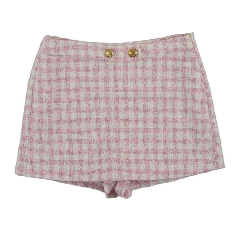 Zara Tweed Skort Womens Size Large Pink White Gingham Gold Button Preppy Boucle